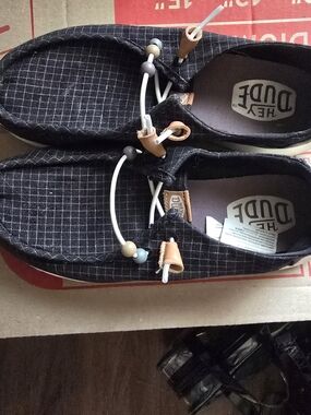 Hey Dude Women's Black Grid Knit Slip-On Shoes with White Toggle Laces